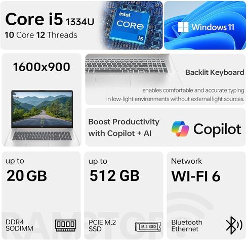 HP 17 inch Laptop 2026 for Business, Intel 10-Core i5-1334U (Up to 4.6GHz), 20GB RAM, 512GB SSD, 17.3" HD+ Anti-Glare, Backlit Keyboard, Fingerprint Reader, Copilot AI, Windows 11 Pro, Accessories in Kuwait
