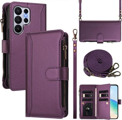 for Tmobile Revvl 8 Pro Phone Case Wallet 2025, with 1 Long Shoulder Strap, 1 Short Wrist Strap, 9 Card Slots, 1 Cash Pocket, Kistand, Wireless Charging, Magnetic Closure (Purple) in Saudi Arabia