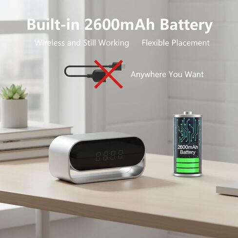 كاميرا ساعة ULar بدقة 4K UHD، رؤية ليلية عالية الدقة، كاميرات WiFi، عرض مباشر عن بعد، تخزين محلي وسحابي، يعمل بمنفذ USB، بطارية 2600 مللي أمبير في الساعة، كشف الحركة، منزل ذكي، بدون صوت in Kuwait