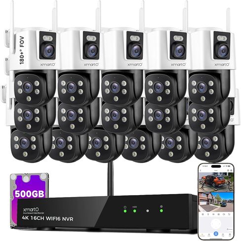 xmartO [16 حزمة كاميرا مزدوجة العدسة 32 عرض طويل المدى WiFi6 نظام أمان شبكي، 16CH 4K ثنائي النطاق NVR، 4MP 180 درجة + FOV ثابت و360 درجة PTZ AI تتبع، 24/7 مراقبة المكونات، 500 جيجابايت HDD، بدون رسوم شهرية in Kuwait