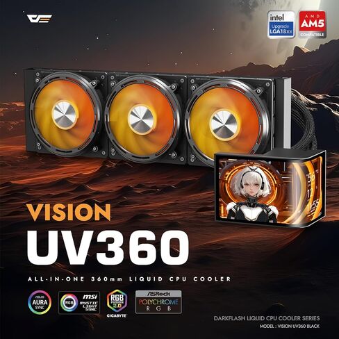 darkFlash UV360 AIO CPU Cooler 6.67in منحني 2K OLED عرض شاشة دوارة مغناطيسية ثلاثية الأبعاد خالية من النظارات، 360 مم 3 × 120 مم PWM ARGB مراوح 800-2000 دورة في الدقيقة 320 وات Intel LGA2011 18xx 1700 1200 115x AMD AM5 AM4 AM3 in Kuwait