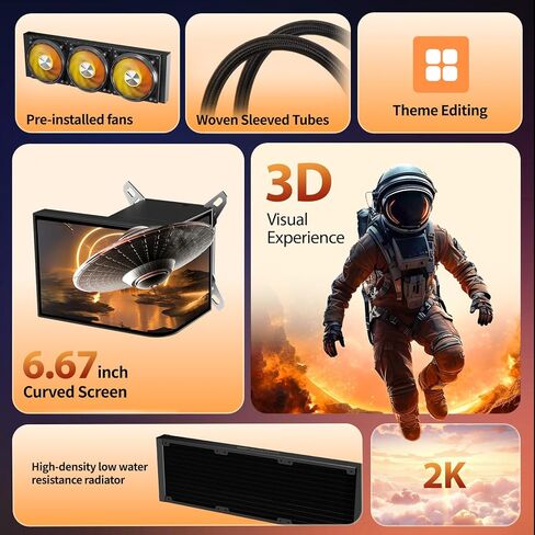 darkFlash UV360 AIO CPU Cooler 6.67in منحني 2K OLED عرض شاشة دوارة مغناطيسية ثلاثية الأبعاد خالية من النظارات، 360 مم 3 × 120 مم PWM ARGB مراوح 800-2000 دورة في الدقيقة 320 وات Intel LGA2011 18xx 1700 1200 115x AMD AM5 AM4 AM3 in Kuwait