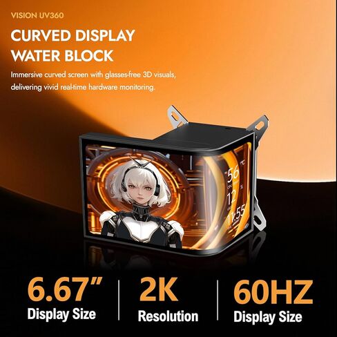darkFlash UV360 AIO CPU Cooler 6.67in منحني 2K OLED عرض شاشة دوارة مغناطيسية ثلاثية الأبعاد خالية من النظارات، 360 مم 3 × 120 مم PWM ARGB مراوح 800-2000 دورة في الدقيقة 320 وات Intel LGA2011 18xx 1700 1200 115x AMD AM5 AM4 AM3 in Kuwait
