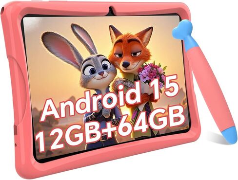 2026 Upgraded Kids Tablet, Android 15 Tablet for Kids Age 3-7, Parental Control, Pre-Installed Educational Apps, Includes EVA Protective Case & Drawing Pen, 12GB+64GB, 2TB Expand, with Eye Protection in Kuwait
