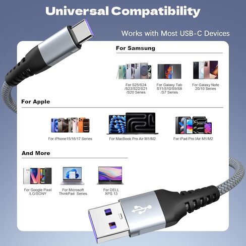 كابل USB A إلى USB C لـ CarPlay [عبوتان بطول 6 أقدام]، كابل شحن 60 وات، سلك شاحن مجدول من النوع C، كابل بيانات USB C لسلسلة Samsung Galaxy S25 S24 S23، Note 20، iPad، iPhone 17/16/15 وأجهزة USB-C in Kuwait