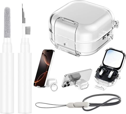 Clear Case Compatible with Samsung Galaxy Buds 4 /Buds 4 Pro with Stand and Secure Lock, Keychain & Lanyard and Cleaning kit, Soft TPU and Hard PC, Shockproof Full Protection Cover for Women Men in Kuwait