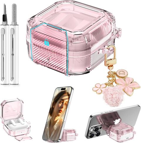 قفل أمان لهاتف Samsung Galaxy Buds 4 Pro Case/Galaxy Buds 4 Case شفاف، غطاء TPU هجين مرن لطيف لهاتف Galaxy Bud 4/4 Pro مع حامل هاتف مع سلسلة مفاتيح زهرية بناتي وقلم تنظيف - وردي in Kuwait