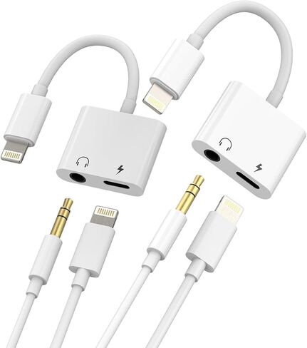 Lightning to 3.5mm Headphone Jack Adapter (2 Pieces) for Apple MFI Certified 2in1 Charging Cable Jack Splitter Car AUX Audio Cable Jack Converter for iPad for iPhone Headphone Charger 3.5 in Kuwait