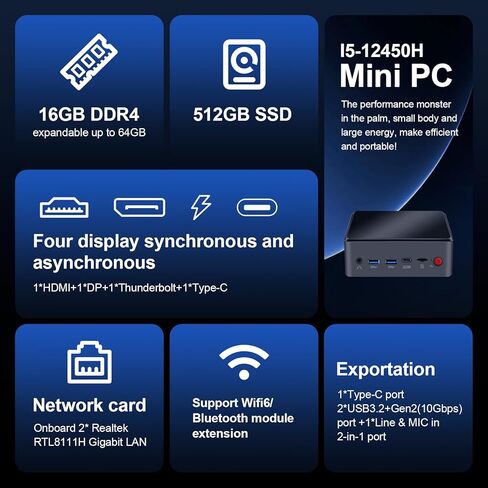 جهاز كمبيوتر صغير Intel i5 12450H(8C/12T، حتى 4.4 جيجا هرتز)، 16 جيجا DDR4 512 جيجا SSD، شاشة رباعية 4k، WiFi6/BT5.2/Dual Gigabit LAN، RTL8111H x2، USB 3.2+USB 2.0 x2، كمبيوتر مكتبي صغير in Kuwait