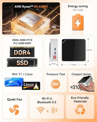 كمبيوتر صغير MOREFINE M7، AMD Ryzen 4300U (Beats 3500U/N150/N97، حتى 3.7 جيجاهرتز) أجهزة كمبيوتر صغيرة، 16 جيجابايت DDR4 512 جيجابايت SATA SSD أجهزة كمبيوتر مكتبية صغيرة، شاشة 4K ثلاثية WiFi5 BT4.2 كمبيوتر صغير صغير للأعمال in Kuwait