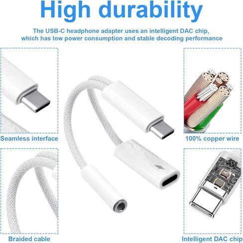 2pcs Usbc to Headphone Jack Adapters, 2-in-1 USB C to 3.5mm Audio Aux Dongle Adapter with PD Fast Charging Braided Designed Headphone Jack Converter for Phone & Pad in Kuwait