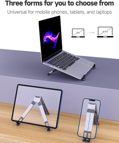 Laptop Stand for Desk & Travel, Portable Aluminum Alloy 3-in-1 Riser Holder for Laptop/Tablet/Phone, 6-Level X-Frame Foldable Stand Compatible with MacBook Air Pro/HP/Dell/iPad/iPhone - Gray in Kuwait