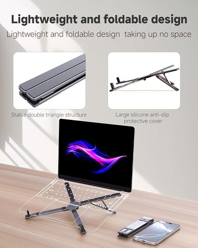 Laptop Stand for Desk & Travel, Portable Aluminum Alloy 3-in-1 Riser Holder for Laptop/Tablet/Phone, 6-Level X-Frame Foldable Stand Compatible with MacBook Air Pro/HP/Dell/iPad/iPhone - Gray in Kuwait