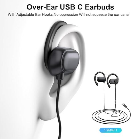 USB C Earbuds Wired Open Ear Headphones for iPhone 17 16 Pro 16e 15/Samsung S26 S25 Ultra S24 S23,Over Ear Earbuds with Ear Hooks&Microphone C Plug Sports Corded Headset for iPad 10 11/Android Running in Kuwait