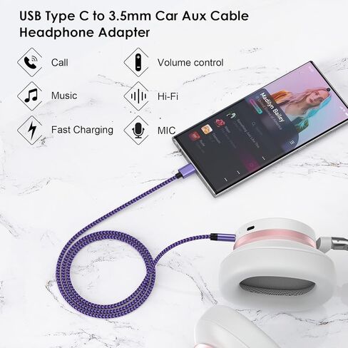 Aux Cord USB C to 3.5mm Audio Jack Cable for Samsung Galaxy A37 A57 S26 Ultra A36 A17 S25FE A16 S24 A54 A56 S23,iPhone 17e 17 Pro Max Air 16e 16Plus,Pixel 10a 9,3FT Headphone Car Stereo Dongle Adapter in Kuwait