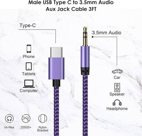Aux Cord USB C to 3.5mm Audio Jack Cable for Samsung Galaxy A37 A57 S26 Ultra A36 A17 S25FE A16 S24 A54 A56 S23,iPhone 17e 17 Pro Max Air 16e 16Plus,Pixel 10a 9,3FT Headphone Car Stereo Dongle Adapter in Kuwait
