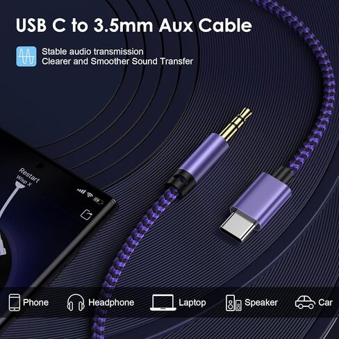 Aux Cord USB C to 3.5mm Audio Jack Cable for Samsung Galaxy A37 A57 S26 Ultra A36 A17 S25FE A16 S24 A54 A56 S23,iPhone 17e 17 Pro Max Air 16e 16Plus,Pixel 10a 9,3FT Headphone Car Stereo Dongle Adapter in Kuwait