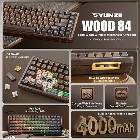 YUNZII WOOD84 لوحة مفاتيح ميكانيكية لاسلكية، لوحة مفاتيح ألعاب خشبية بتصميم 75%، BT/2.4G/USB-C، لوحة مفاتيح قابلة للتبديل السريع مع صينية بإضاءة خلفية RGB مع أغطية مفاتيح PBT Dye-Sub لجهاز Mac&Win (خشب، مفتاح كاندي) in Kuwait