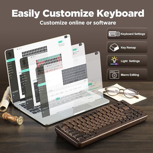 YUNZII WOOD84 لوحة مفاتيح ميكانيكية لاسلكية، لوحة مفاتيح ألعاب خشبية بتصميم 75%، BT/2.4G/USB-C، لوحة مفاتيح قابلة للتبديل السريع مع صينية بإضاءة خلفية RGB مع أغطية مفاتيح PBT Dye-Sub لجهاز Mac&Win (خشب، مفتاح كاندي) in Kuwait