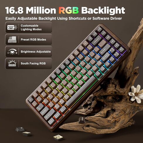 YUNZII WOOD84 لوحة مفاتيح ميكانيكية لاسلكية، لوحة مفاتيح ألعاب خشبية بتصميم 75%، BT/2.4G/USB-C، لوحة مفاتيح قابلة للتبديل السريع مع صينية بإضاءة خلفية RGB مع أغطية مفاتيح PBT Dye-Sub لجهاز Mac&Win (خشب، مفتاح كاندي) in Kuwait