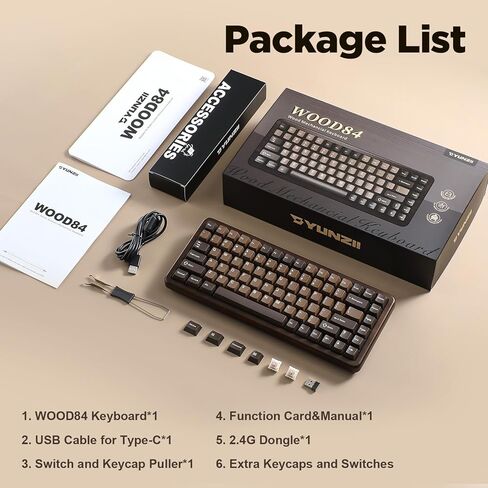 YUNZII WOOD84 لوحة مفاتيح ميكانيكية لاسلكية، لوحة مفاتيح ألعاب خشبية بتصميم 75%، BT/2.4G/USB-C، لوحة مفاتيح قابلة للتبديل السريع مع صينية بإضاءة خلفية RGB مع أغطية مفاتيح PBT Dye-Sub لجهاز Mac&Win (خشب، مفتاح كاندي) in Kuwait