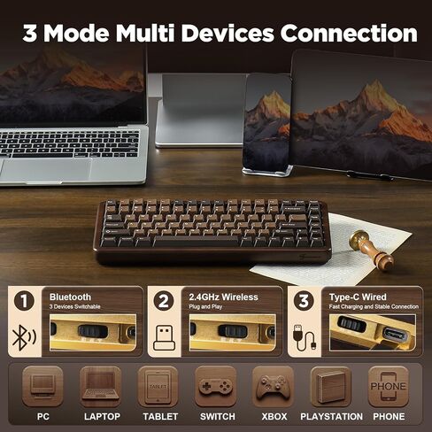 YUNZII WOOD84 لوحة مفاتيح ميكانيكية لاسلكية، لوحة مفاتيح ألعاب خشبية بتصميم 75%، BT/2.4G/USB-C، لوحة مفاتيح قابلة للتبديل السريع مع صينية بإضاءة خلفية RGB مع أغطية مفاتيح PBT Dye-Sub لجهاز Mac&Win (خشب، مفتاح كاندي) in Kuwait
