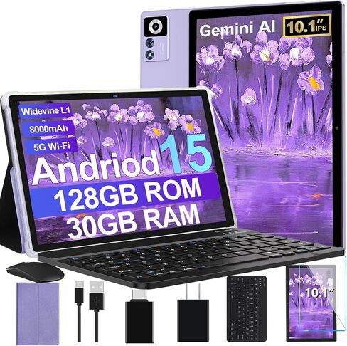 2026 Android 15 Tablet with Keyboard | Gemini AI, 5G WiFi, 1TB Expand, Mouse+Case, BT 5.0, Widevine L1, 30GB+128GB Octa-Core Electronics Tablets w/ 10 Inch IPS HD Display, 8000mAh, Metal Body-violet in Kuwait