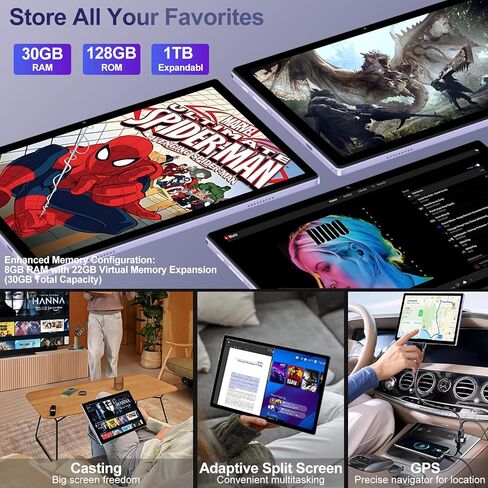 2026 Android 15 Tablet with Keyboard | Gemini AI, 5G WiFi, 1TB Expand, Mouse+Case, BT 5.0, Widevine L1, 30GB+128GB Octa-Core Electronics Tablets w/ 10 Inch IPS HD Display, 8000mAh, Metal Body-violet in Kuwait