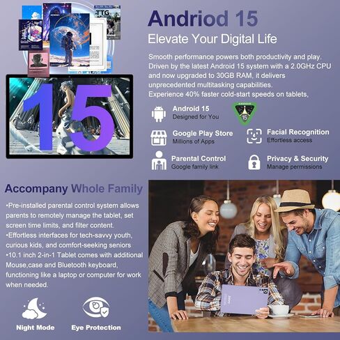 2026 Android 15 Tablet with Keyboard | Gemini AI, 5G WiFi, 1TB Expand, Mouse+Case, BT 5.0, Widevine L1, 30GB+128GB Octa-Core Electronics Tablets w/ 10 Inch IPS HD Display, 8000mAh, Metal Body-violet in Kuwait