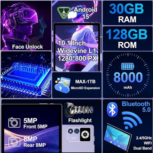 2026 Android 15 Tablet with Keyboard | Gemini AI, 5G WiFi, 1TB Expand, Mouse+Case, BT 5.0, Widevine L1, 30GB+128GB Octa-Core Electronics Tablets w/ 10 Inch IPS HD Display, 8000mAh, Metal Body-violet in Kuwait