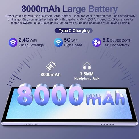 2026 Android 15 Tablet with Keyboard | Gemini AI, 5G WiFi, 1TB Expand, Mouse+Case, BT 5.0, Widevine L1, 30GB+128GB Octa-Core Electronics Tablets w/ 10 Inch IPS HD Display, 8000mAh, Metal Body-violet in Kuwait