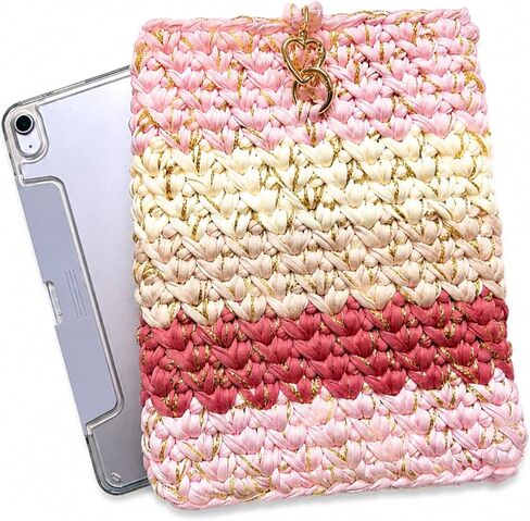 Handmade Crochet Tablet Sleeve – Premium T-Shirt Yarn Protective Case – Fits 10–11 Inch Tablets – Heart Snap Closure + Matching Earbuds Cover in Kuwait