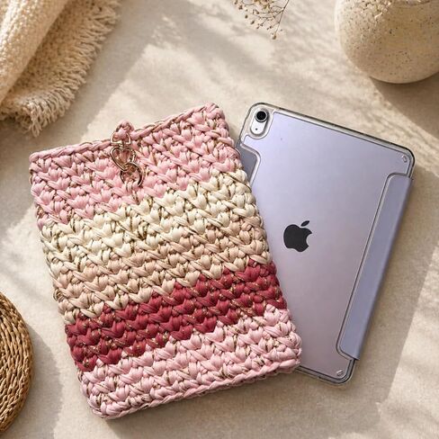Handmade Crochet Tablet Sleeve – Premium T-Shirt Yarn Protective Case – Fits 10–11 Inch Tablets – Heart Snap Closure + Matching Earbuds Cover in Kuwait