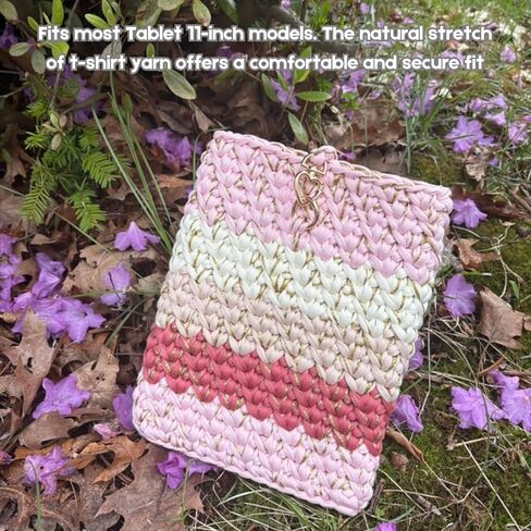 Handmade Crochet Tablet Sleeve – Premium T-Shirt Yarn Protective Case – Fits 10–11 Inch Tablets – Heart Snap Closure + Matching Earbuds Cover in Kuwait