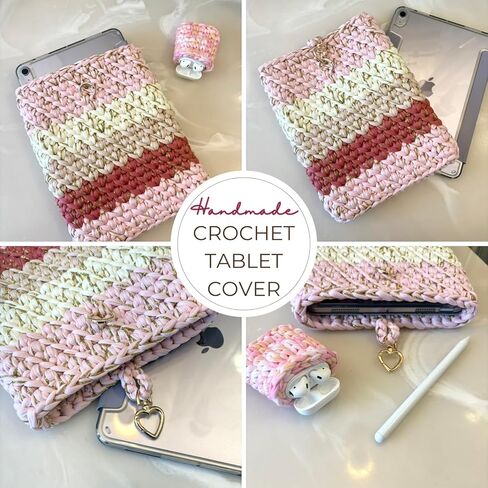 Handmade Crochet Tablet Sleeve – Premium T-Shirt Yarn Protective Case – Fits 10–11 Inch Tablets – Heart Snap Closure + Matching Earbuds Cover in Kuwait