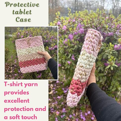 Handmade Crochet Tablet Sleeve – Premium T-Shirt Yarn Protective Case – Fits 10–11 Inch Tablets – Heart Snap Closure + Matching Earbuds Cover in Kuwait