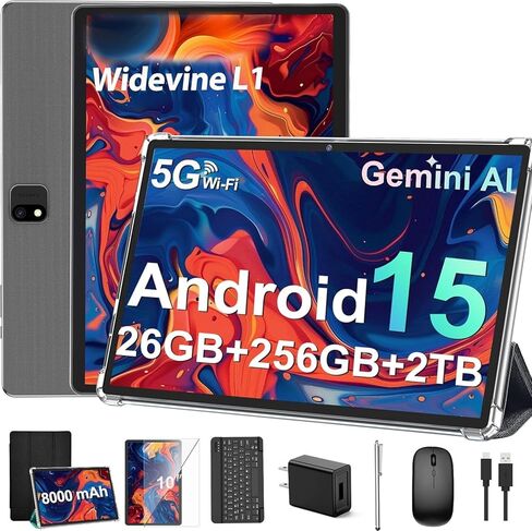 تابلت JJGJ 2026 Android 15 مع لوحة مفاتيح، 26 جيجابايت + 256 جيجابايت، توسيع 2 تيرابايت، تابلت 10 بوصة مع ثماني النواة، 8000 مللي أمبير، 5G WiFi، BT5.0، Widevine L1، Gemini AI، أجهزة لوحية 2 في 1 مع حافظة، ماوس، قلم (جراب أسود) in Kuwait