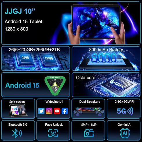 تابلت JJGJ 2026 Android 15 مع لوحة مفاتيح، 26 جيجابايت + 256 جيجابايت، توسيع 2 تيرابايت، تابلت 10 بوصة مع ثماني النواة، 8000 مللي أمبير، 5G WiFi، BT5.0، Widevine L1، Gemini AI، أجهزة لوحية 2 في 1 مع حافظة، ماوس، قلم (جراب أسود) in Kuwait