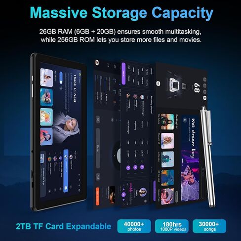 تابلت JJGJ 2026 Android 15 مع لوحة مفاتيح، 26 جيجابايت + 256 جيجابايت، توسيع 2 تيرابايت، تابلت 10 بوصة مع ثماني النواة، 8000 مللي أمبير، 5G WiFi، BT5.0، Widevine L1، Gemini AI، أجهزة لوحية 2 في 1 مع حافظة، ماوس، قلم (جراب أسود) in Kuwait