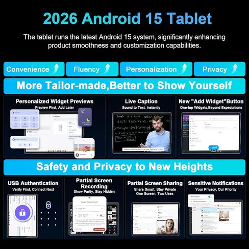 تابلت JJGJ 2026 Android 15 مع لوحة مفاتيح، 26 جيجابايت + 256 جيجابايت، توسيع 2 تيرابايت، تابلت 10 بوصة مع ثماني النواة، 8000 مللي أمبير، 5G WiFi، BT5.0، Widevine L1، Gemini AI، أجهزة لوحية 2 في 1 مع حافظة، ماوس، قلم (جراب أسود) in Kuwait