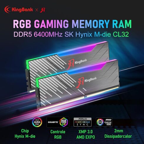 KingBank RGB Computer Desktop Memory Ram Hynix M-die DDR5 32GB(2x16GB) 6400MT/s CL32 1.4V with Heatsink for Desktop Computer Gaming/Office/PS,Black in Saudi Arabia