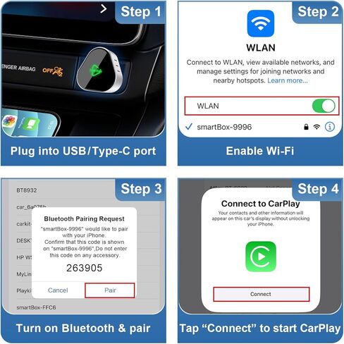 محول Carplay لاسلكي 2026، عالمي لأجهزة Apple iPhone وAndroid، التوصيل والتشغيل، تصميم محمول مع منفذ USB-A/Type-C in Kuwait