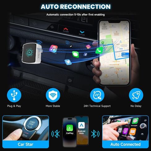 Wireless CarPlay Android Auto Adapter,2-in-1 Smart Vehicle Connectivity Box for Apple and Android Phones,USB Plug and Play Vehicle Accessory with 2 Cables(Silver) in Kuwait
