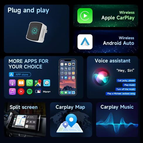 Wireless CarPlay Android Auto Adapter,2-in-1 Smart Vehicle Connectivity Box for Apple and Android Phones,USB Plug and Play Vehicle Accessory with 2 Cables(Silver) in Kuwait