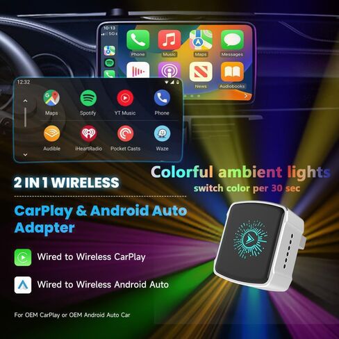 Wireless CarPlay Android Auto Adapter,2-in-1 Smart Vehicle Connectivity Box for Apple and Android Phones,USB Plug and Play Vehicle Accessory with 2 Cables(Silver) in Kuwait