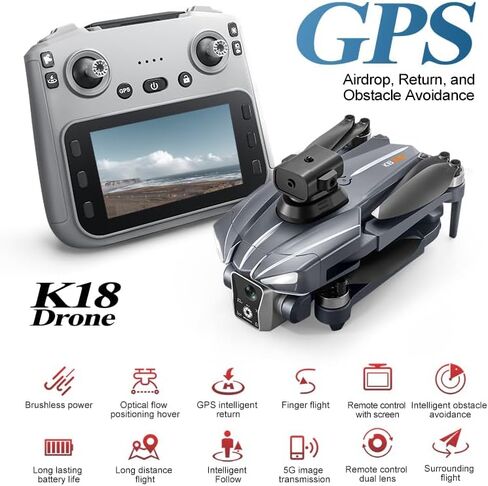 طائرات بدون طيار K18MAX GPS مع كاميرا للبالغين 4K، وحدة تحكم عن بعد LCD 4.5 بوصة، تجنب العوائق 360 درجة، العودة إلى المنزل بتوجيه GPS، نقل 5G Wi-Fi، محركات بدون فرش، إقلاع بلمسة واحدة، 40 دقيقة من وقت الطيران - هدية ولعبة مثالية للمبتدئين. in Kuwait