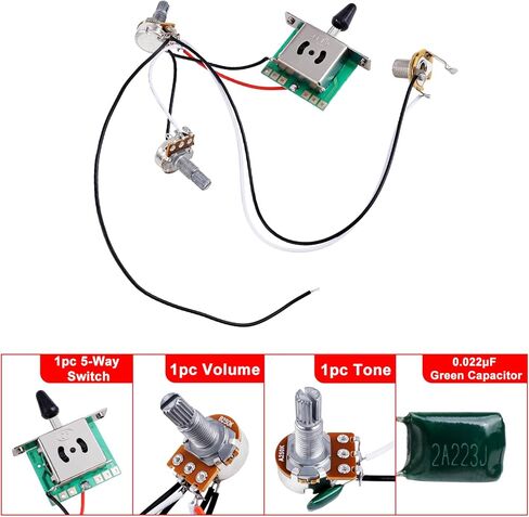 Banworks Electric Guitar Wiring Harness Kit 1 Tone 1 Volume Prewired 5-Way Blade Switch 500K 1A1B Mini Pots with 6.35mm Output Jack for Modern Style Fender/Squier Stratocaster Strat ST JT/DLZC-03 in Saudi Arabia