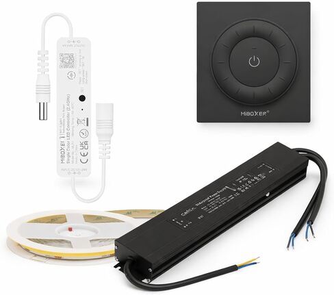 طقم التحكم عن بعد MLR1 Mini Single Color LED Controller وK3 حزمة التحكم عن بعد بعجلة دوارة سوداء (24V 400W IP67 LED Driver + 24V COB LED Strip 480LED/m CRI90 3000K أبيض دافئ) in Kuwait