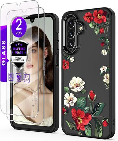 for Samsung Galaxy A17 5G Case+Tempered Glass Screen Protector,Military Grade Protective Slim Soft TPU + Hard PC,Girls Women Crystal Clear Flower Pattern Case Cover for Galaxy A17 5G-Purple in Kuwait