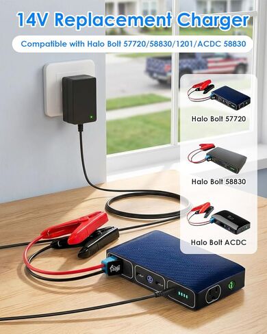 14V Replacement Charger Adapter for Halo Bolt Car Jump Starter Compatible with 57720,58830,1201, ACDC 58830 Air Compact Portable Car Jump Starter Emergency Kit in Kuwait